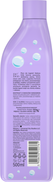 Tył fioletowej butelki Płynu do kąpieli Neboa Kids Winogronowy Mus 500ml, z etykietą, kodem kreskowym i bąbelkami.