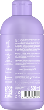 Tył fioletowej butelki płynu Neboa Kids Malinowa Pianka 500ml, z kodem, ikonami recyklingu i QR kodem.