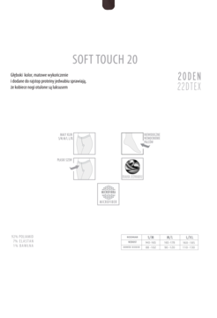 Opakowanie rajstop Soft Touch 20, półkryjących, matowych z mikrofibry, z grafikami i tabelą rozmiarów.