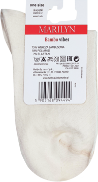 Jasna, ecru skarpeta damska Marilyn Bambo vibes z bambusa, w białym opakowaniu, widok z przodu.