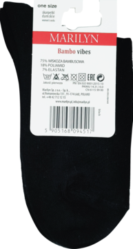 Czarne skarpety Marilyn Bambo vibes, one size, z wiskozą bambusową, widok z przodu z etykietą produktu.