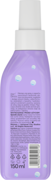Fioletowa butelka Neboa Kids spray do włosów 150 ml, tył z etykietą, kodem i piktogramami recyklingu.