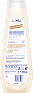 Tył kremowego żelu pod prysznic Luksja Creamy & Soft 900ml Limited Edition o waniliowym zapachu.