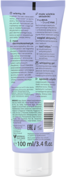 Tył fioletowo-zielonej tubki dermokosmetyku whipping gel 100ml. Widoczny opis z peptydem salicylowym i DuoCynk.