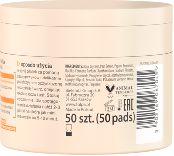 Tył beżowego słoiczka Bielenda z enzymatycznymi płatkami złuszczającymi (50 szt.) z listą składników i instrukcją.