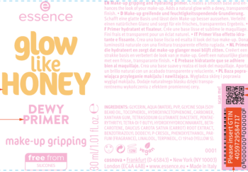 Rozświetlająca baza Essence Glow Like Honey, miodowy płyn w butelce, widok z przodu, na tle bloków.