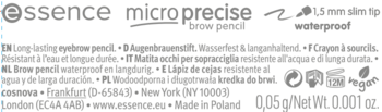 Etykieta Essence Micro Precise Brow Pencil. Szary tekst "1.5mm slim tip waterproof" na czarnym tle.