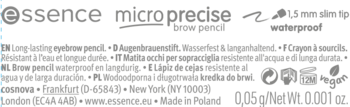 Opis etykiety: Essence micro precise wodoodporna kredka do brwi z końcówką 1,5 mm, tekst na ciemnym tle.