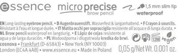 Tekst Essence micro precise brow pencil na czarnym tle. Opis kredki do brwi: 1.5 mm, wodoodporna, 0.05g.