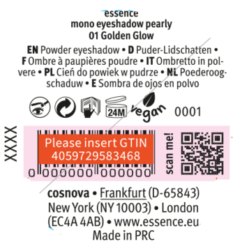 Etykieta Essence Mono Pearly Golden Glow. Różowe tło, kod kreskowy GTIN, QR code, teksty informacyjne.