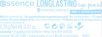 Essence Longlasting Eye Pencil Roasted Chestnut 0.28g, 18h+ waterproof i wegański. Widok z tyłu opakowania.