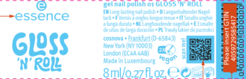 Etykieta Essence GLOSS 'N' ROLL gel nail polish 8ml, czarna z jasnoniebieskim tekstem, logo vegan, z przodu.