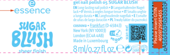 Etykieta Essence Sugar Blush żelowego lakieru do paznokci z ciemnym tłem, jasnoniebieskimi napisami i kodem QR.