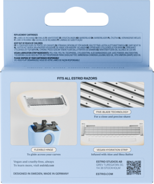 Tył opakowania Estrid refill cartridges, widok detali ostrzy z 5-cio ostrzową technologią i wegańskim paskiem nawilżającym.