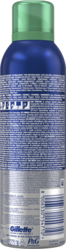 Gillette Series pianka do golenia aloes 250ml, tył niebieskiej puszki z zieloną nakrętką, kod kreskowy.