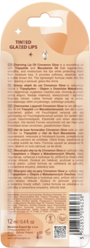 Tył opakowania Tinted Glazed Lips Charming Lip Oil Cinnamon Glow. Opis, składniki, kod QR, logosy, brązowe tło.