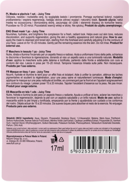 Tył jasnoróżowej saszetki maski w płachcie Juicy Time 17ml. Widoczne opisy w kilku językach, skład INCI i kod kreskowy.