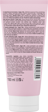 Tył różowej tubki Sugar Jelly face cleanser 150 ml ze składnikami, kodem kreskowym i instrukcją użycia.