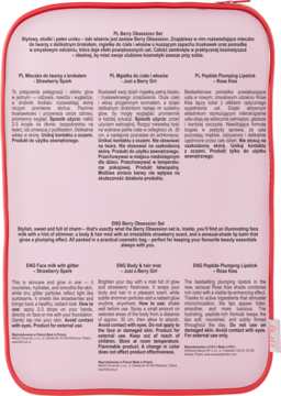 Różowa kosmetyczka z zestawem Berry Obsession, opisem produktów w języku polskim i angielskim, widok z góry.