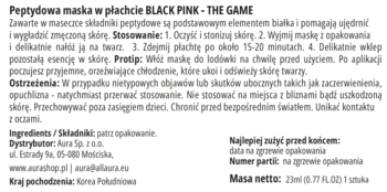 Tył opakowania maski peptydowej BLACK PINK - THE GAME. Widoczny polski tekst ze składem, instrukcją i ostrzeżeniami.