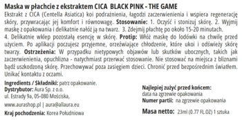 Tył opakowania maski BLACK PINK CICA z ekstraktem. Widoczna instrukcja, składniki i masa netto 23ml.