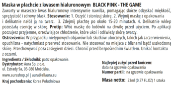 Tył opakowania maski w płachcie BLACK PINK z kwasem hialuronowym, widoczne instrukcje i składniki na białym tle.