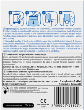 Tył białej ulotki Raid Essentials, pułapka świetlna na owady, instrukcje z niebieskimi ikonami i czarny tekst, kod kreskowy.