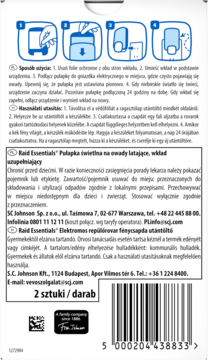 Raid Essentials Pułapka świetlna na owady latające, tył białego opakowania, wkład uzupełniający, 2 sztuki, instrukcje.