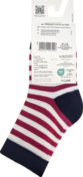 Tył opakowania skarpetek w biało-bordowe paski, z granatowym wykończeniem, rozmiarem 21-23 i kodem QR.