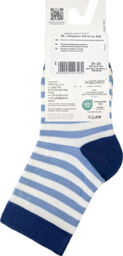 Skarpetka dziecięca w biało-błękitne paski, z ciemnoniebieskim ściągaczem i piętą, widok z tyłu metki z QR kodem.