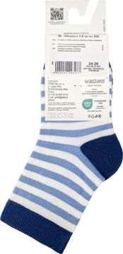 Dziecięce skarpetki w biało-niebieskie paski, z granatową piętą i palcami, widok z tyłu opakowania z detalami produktu.