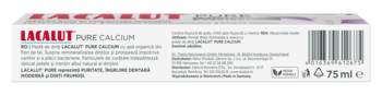 Tył białego opakowania pasty Lacalut Pure Calcium 75ml, z opisem, składem i kodem kreskowym.