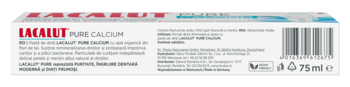 Lacalut Pure Calcium pasta do zębów w białym opakowaniu, widok z boku, widoczne info o 98% naturalnych składnikach.