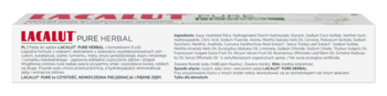 Lacalut Pure Herbal pasta do zębów w białym kartoniku, widok z przodu, z czerwonym logo i zielonym tekstem.