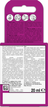 Tył fioletowego opakowania odświeżacza powietrza, z piktogramami użycia i listą składników, 20 ml.