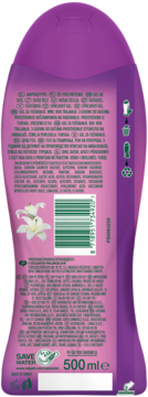 Tył purpurowej butelki żelu Palmolive Skin Radiance 500ml z borówką i lilią, z kodem kreskowym.