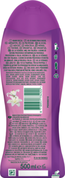 Tył fioletowego żelu pod prysznic Palmolive Hydrate & Glow Lily 500ml, etykieta ze składem, kodem kreskowym i liliami.