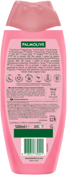 Tył różowego żelu pod prysznic Palmolive Thermal Spa Cherry Blossom, widoczna etykieta z certyfikatami i składem.