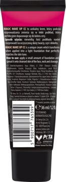 Tył czarnej tubki nawilżającego kremu CC Lirene z różowym topem, widoczny kod kreskowy i informacje o produkcie.