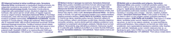 Zdjęcie przedstawia ulotkę pasty Sensodyne Advanced White z opisem działania, w trzech kolumnach drobnego druku.