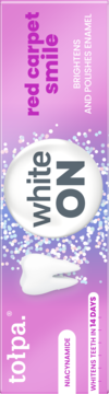 Tołpa Red Carpet Smile White On pasta do zębów, fioletowa tubka, wybielająca, z niacynamidem, widok z przodu.