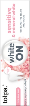 Tolpa White ON sensitive & mineral white pasta do zębów, bez fluoru, do wrażliwych zębów, biało-różowe opakowanie.