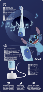 Opakowanie Oral-B iO Kids: niebieska szczoteczka, muzyczne nuty, postać Stitch i biała stacja ładująca.