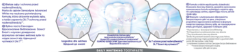 Reklama pasty Sensodyne Advanced White Ochrona Szkliwa, grafiki zębów, tekst o wybielaniu i ochronie szkliwa.