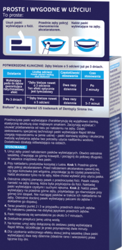 Granatowa ulotka Rapid White z polskim tekstem o rozpuszczalnych paskach wybielających zęby. Zawiera schematy użycia.