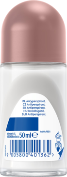 Tył antyperspirantu NIVEA Derma Control Ultra Dry Touch 50ml z różową nakrętką, etykietami i kodem.
