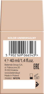 Tył opakowania kosmetyku Bielenda w beżowym odcieniu, 40 ml, z kodem kreskowym i napisem KOLOR UNIWERSALNY.