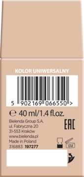 Tył beżowej butelki podkładu Bielenda Kolor Uniwersalny 40ml, z kodem kreskowym i danymi producenta.