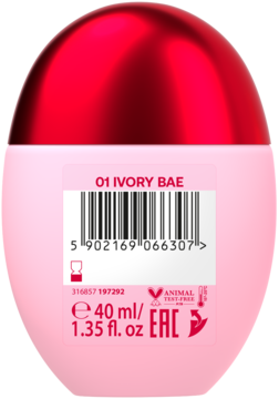 Tył owalnego, matowego opakowania podkładu 01 Ivory Bae 40 ml, z błyszczącą czerwoną zakrętką i etykietą.