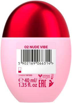 Tył różowego, jajowatego podkładu 02 Nude Vibe z czerwoną nakrętką i etykietą 40 ml, widoczny kod kreskowy.